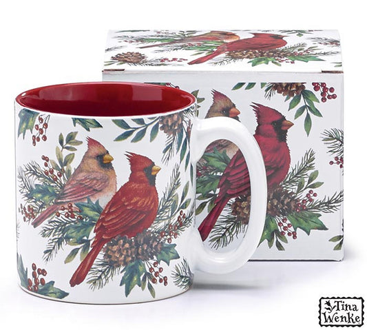 Mug - Holiday Cardinals: Cardinal Couple Sitting on Greenery