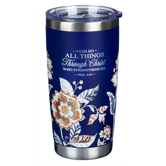 Tumbler - I Can Do All Things Through Christ Honey-brown and Navy Floral Stainless Steel Travel Tumbler - Philippians 4:13