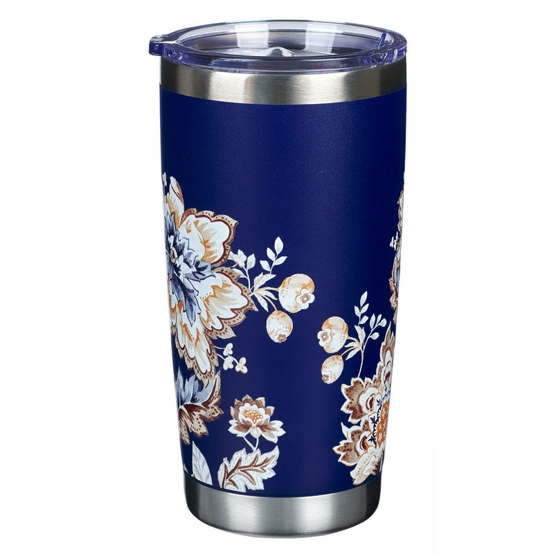Tumbler - I Can Do All Things Through Christ Honey-brown and Navy Floral Stainless Steel Travel Tumbler - Philippians 4:13