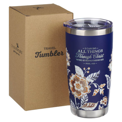 Tumbler - I Can Do All Things Through Christ Honey-brown and Navy Floral Stainless Steel Travel Tumbler - Philippians 4:13